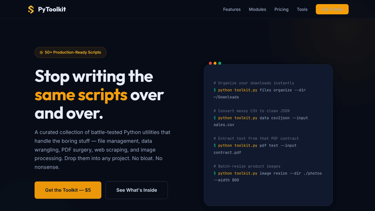 Python utility scripts for developers website screenshot