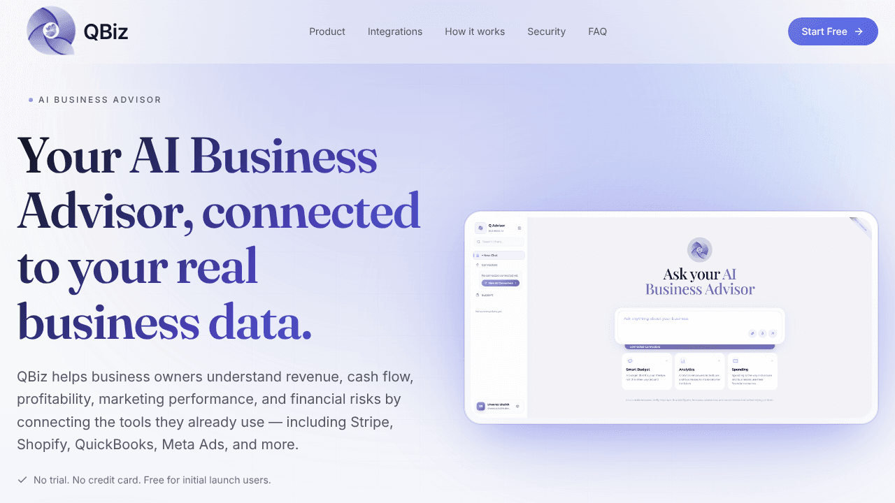 Qbiz — AI Advisor for Your Business website screenshot