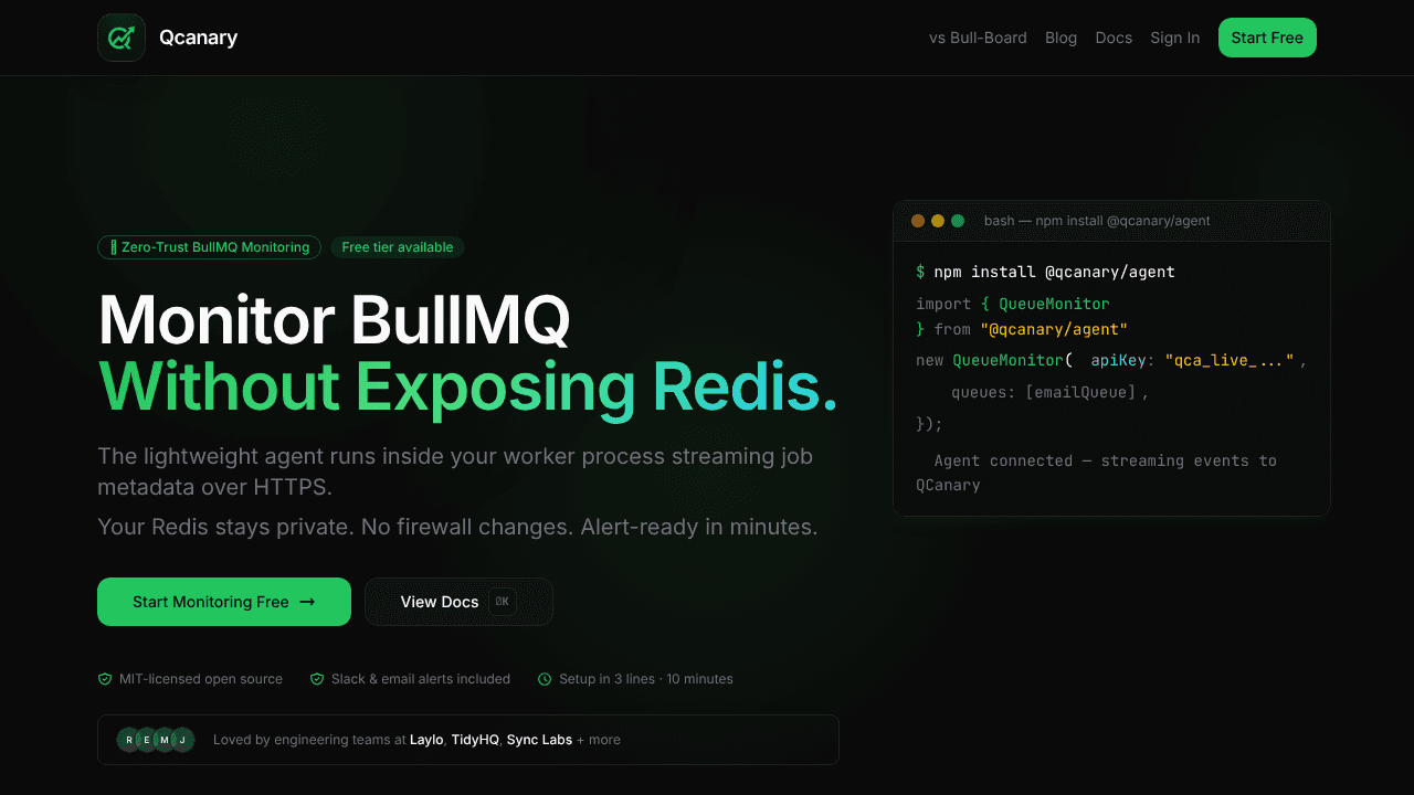 Qcanary — BullMQ Monitoring Dashboard website screenshot