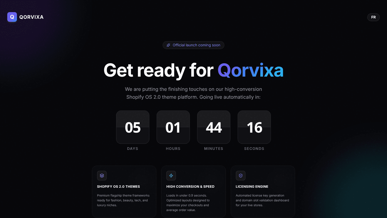 qorvixa.one — Premium Shopify Templates website screenshot