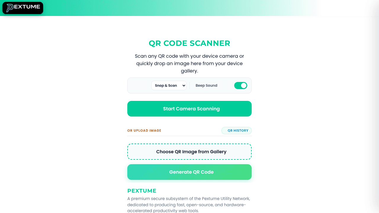 QR Code Scanner by Pextume website screenshot