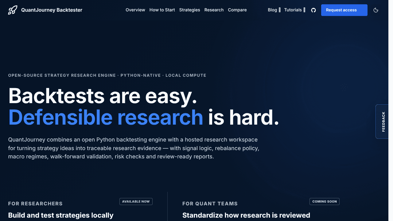 QuantJourney Backtester website screenshot
