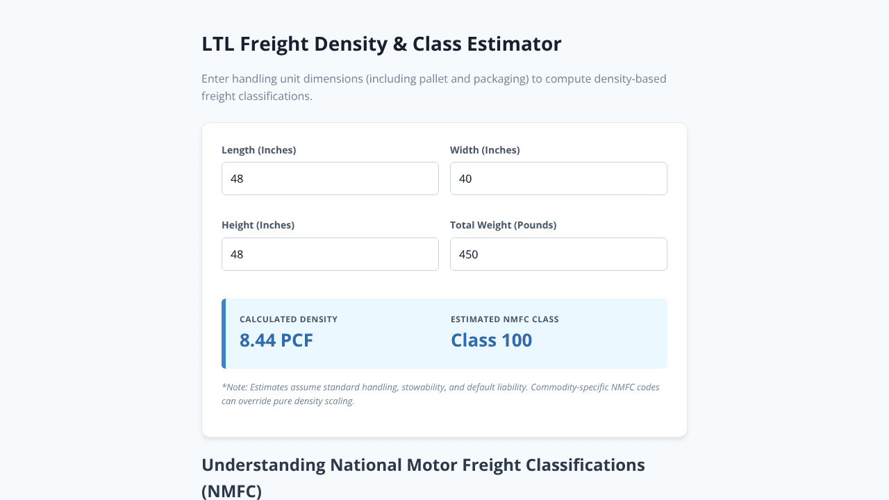 QuickFreight Density Calculator website screenshot