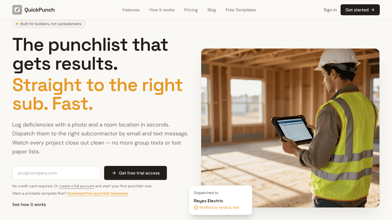 QuickPunch - contractor punchlist app website screenshot