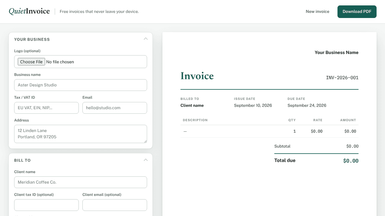 QuietInvoice — Quick Invoice Generator website screenshot
