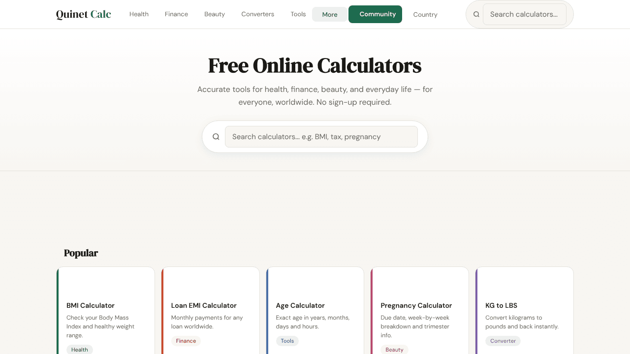 Quinet Calculator website screenshot
