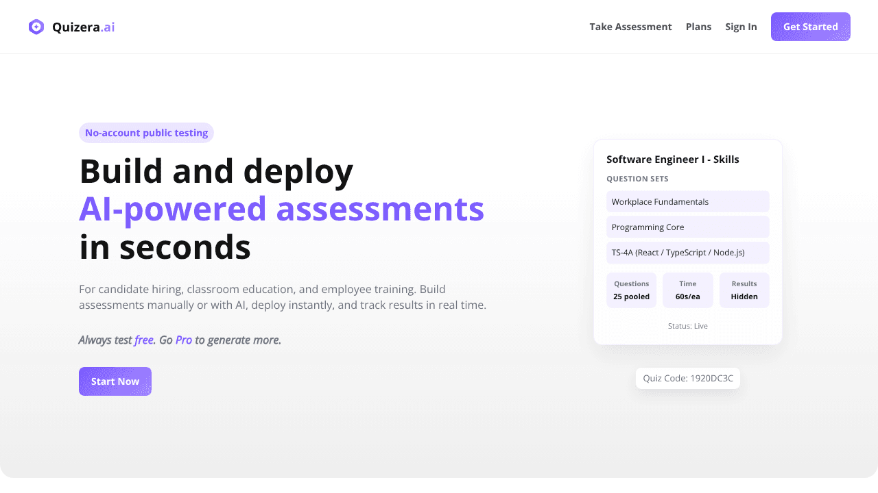 Quizera website screenshot
