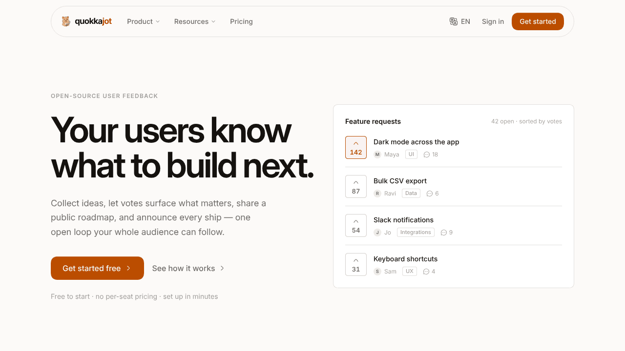 QuokkaJot — happier user insights website screenshot