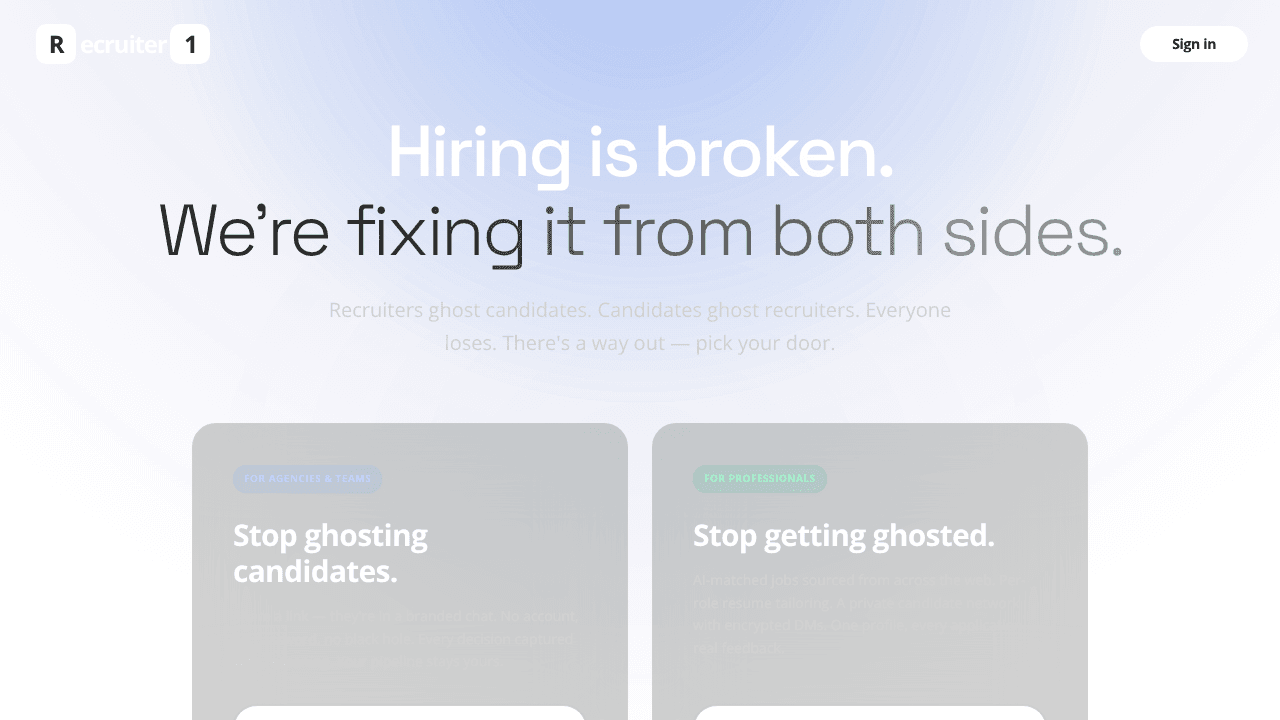 R1 - recruiter1.io website screenshot