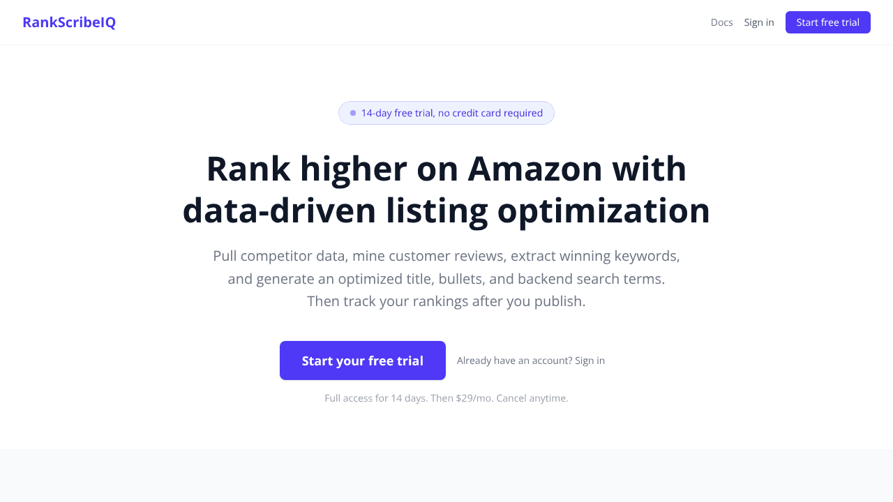 RankScribeIQ, Amazon listing optimizer website screenshot
