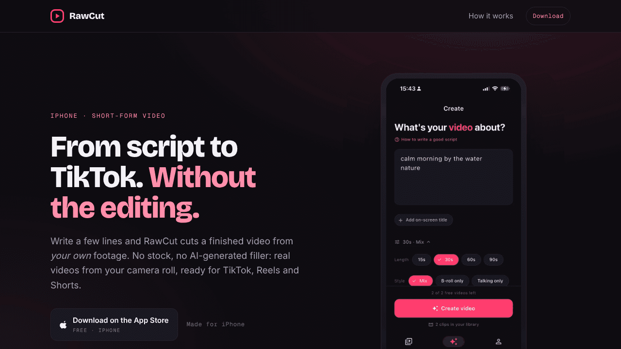 RawCut: AI Video Maker website screenshot