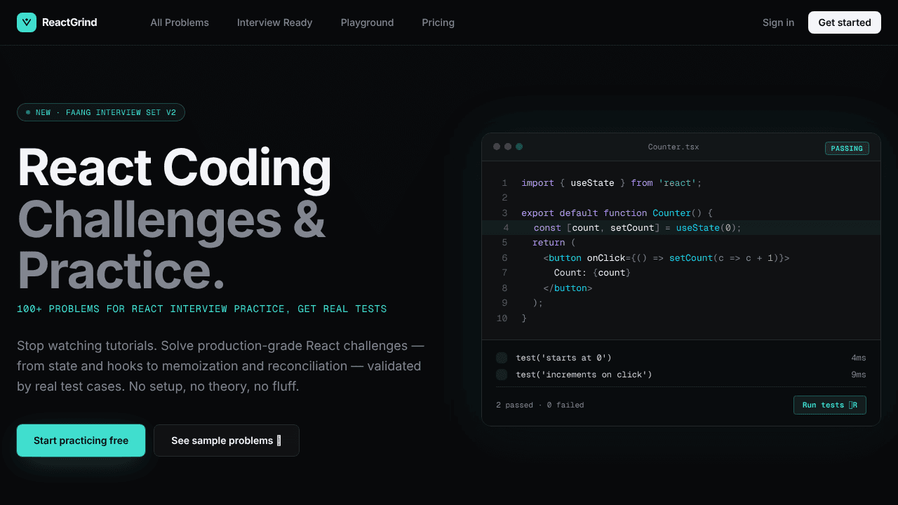 ReactGrind — React Coding Challenges website screenshot