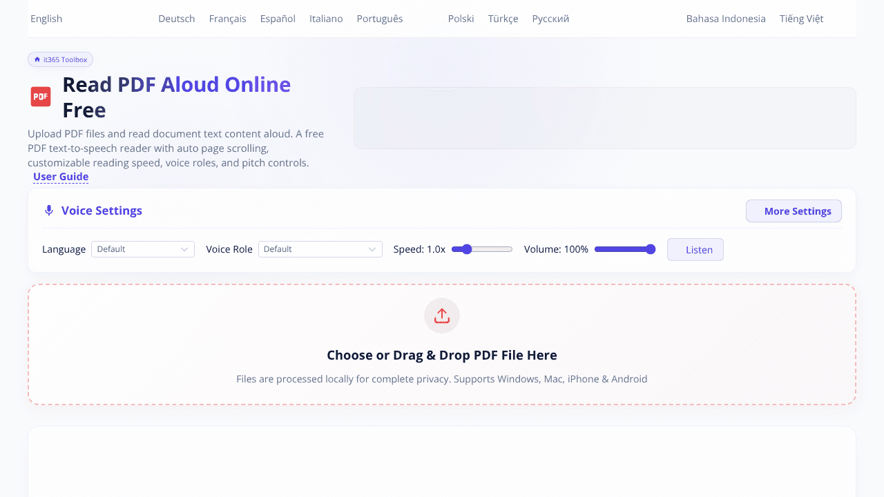 Read PDF Aloud Online Free website screenshot