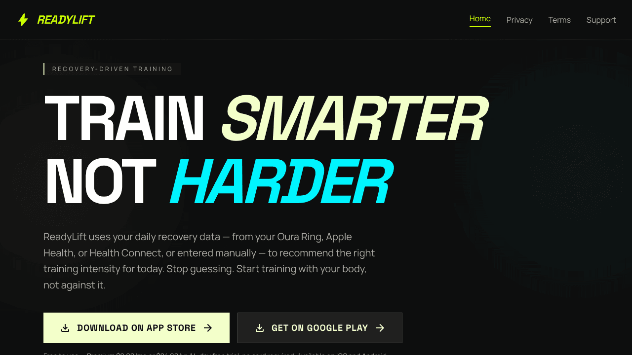 READYLIFT — Recovery-Driven Training website screenshot