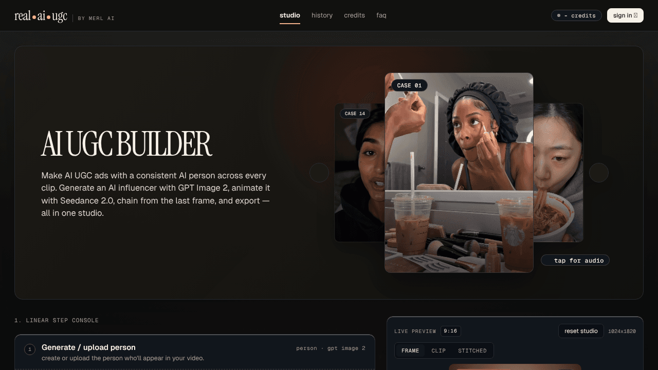 Real AI UGC Studio website screenshot