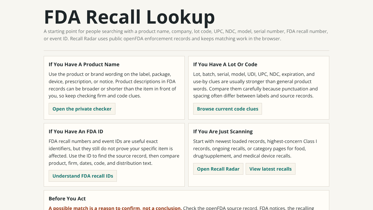 Recall Radar website screenshot