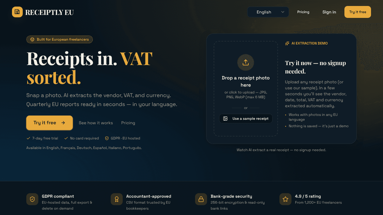 Receiptly EU website screenshot