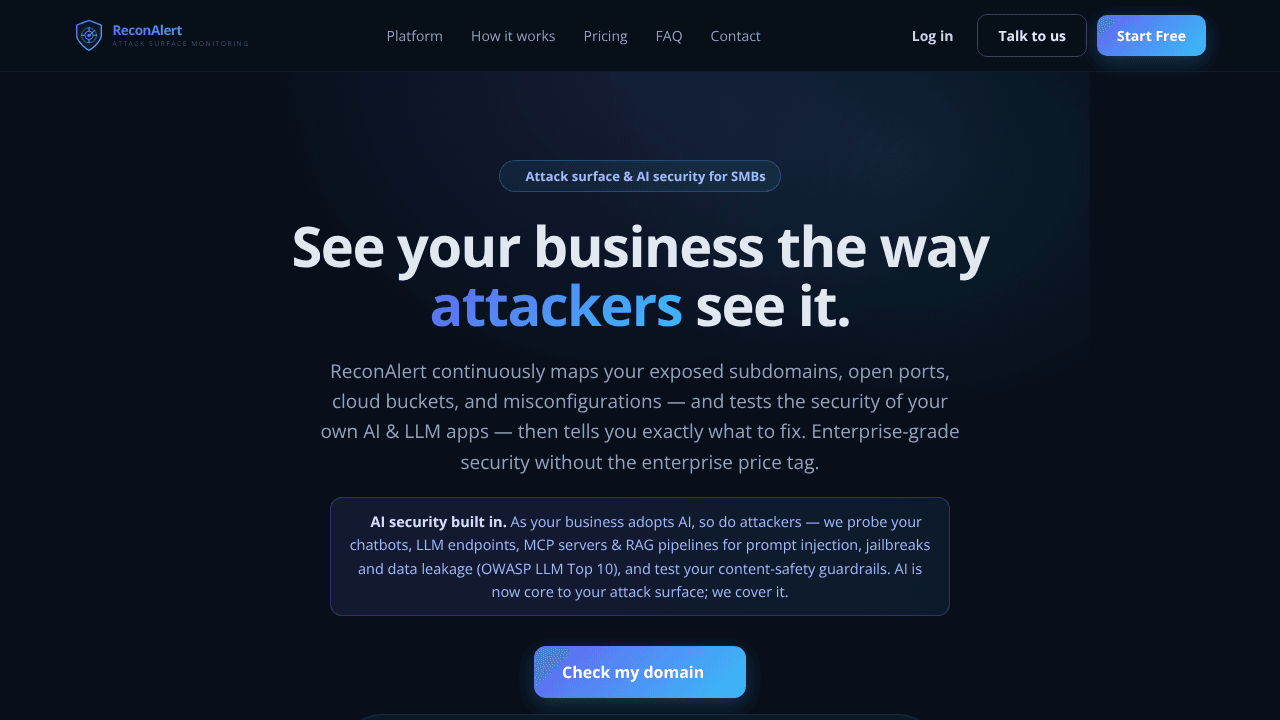 ReconAlert — Attack Surface Monitoring website screenshot