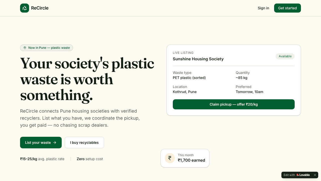 ReCycle - waste pickup for societies website screenshot