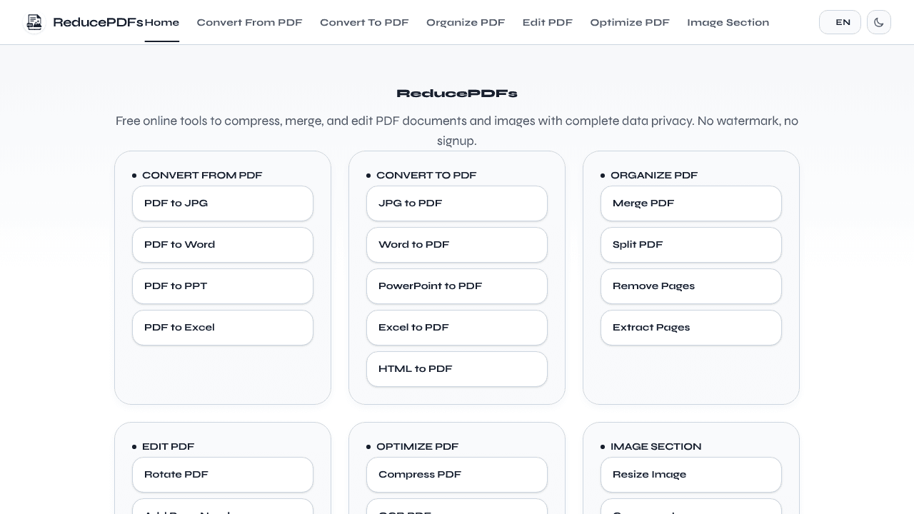ReducePDFs website screenshot