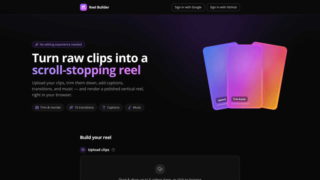 Reel Builder website screenshot