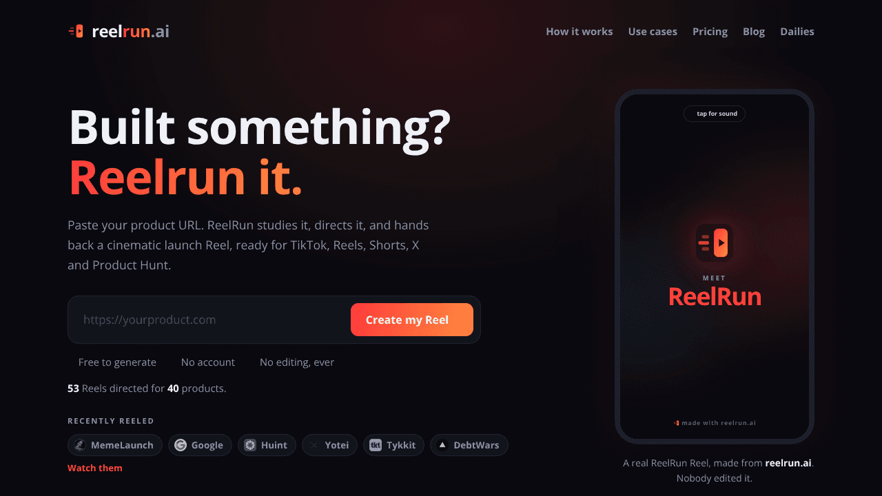 ReelRun website screenshot