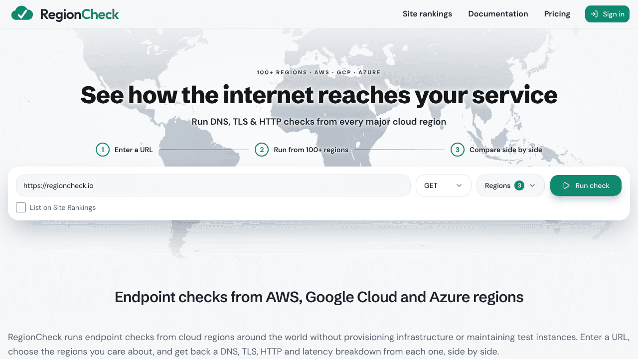 RegionCheck - Global Cloud Monitoring website screenshot