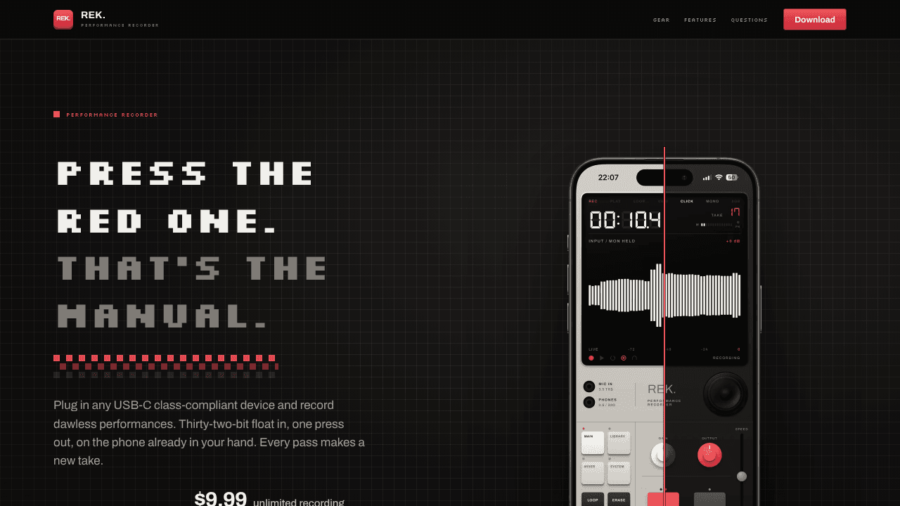 REK. The Performance Recorder website screenshot