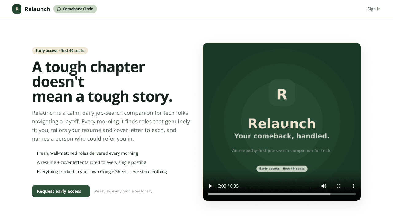Relaunch your next role, found for you website screenshot