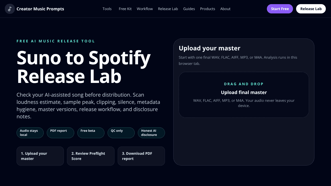 Release Lab by Creator Music Prompts website screenshot