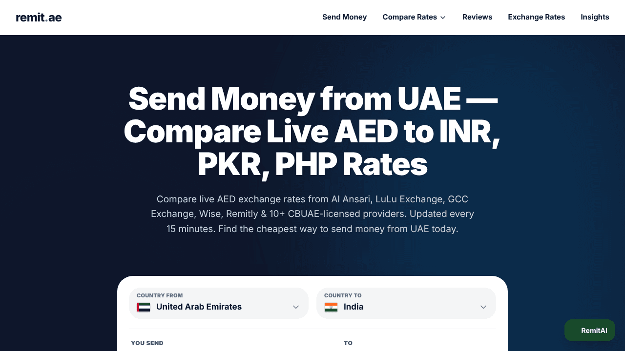 Remit.ae — UAE Money Transfer Comparison website screenshot