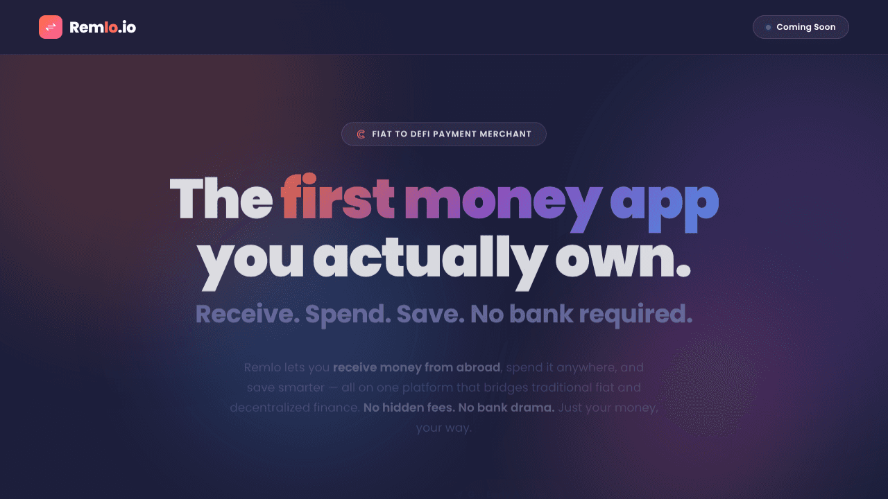 Remlo.io — Own Your Money, Your Rules website screenshot