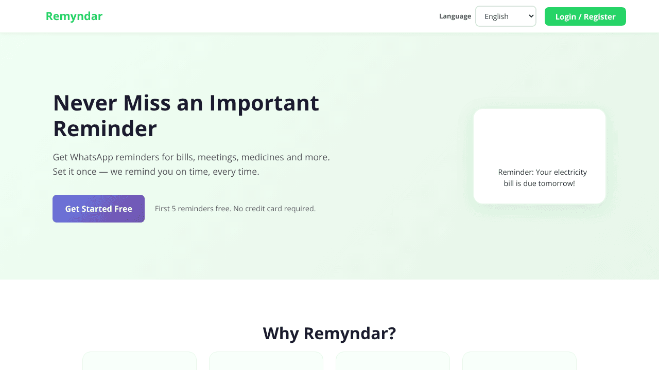 Remyndar website screenshot