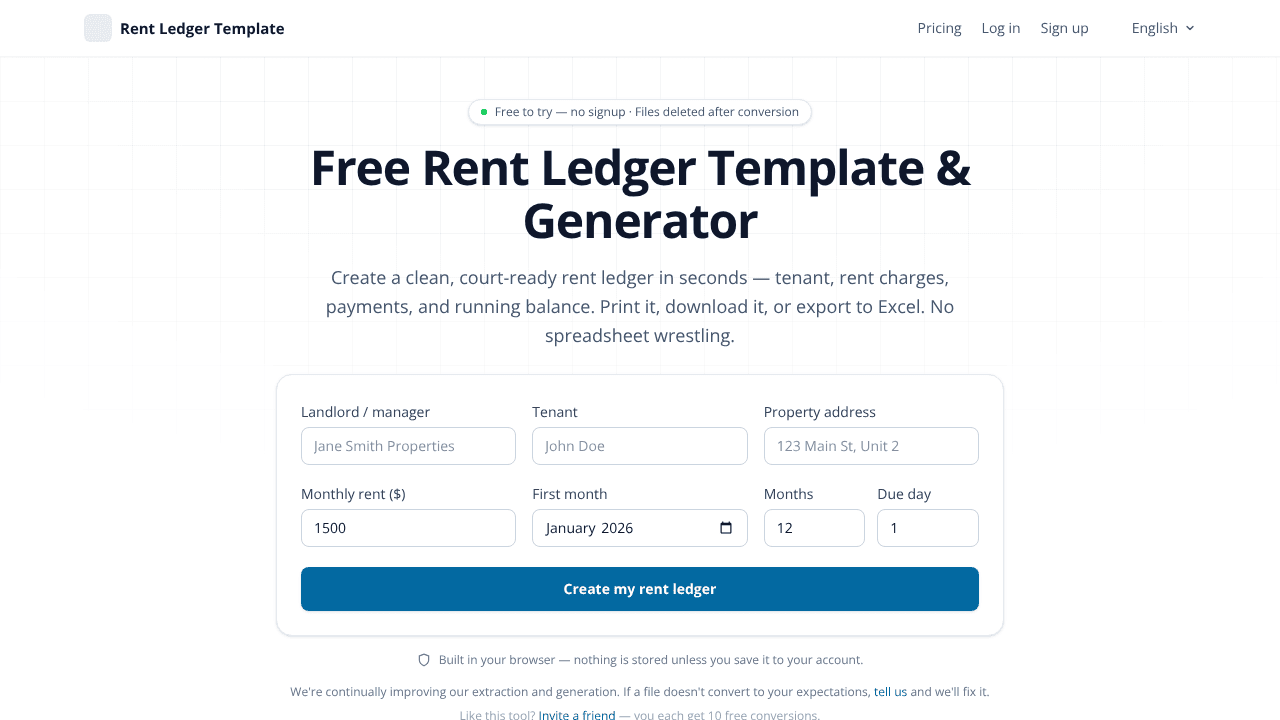 Rent Ledger Template website screenshot