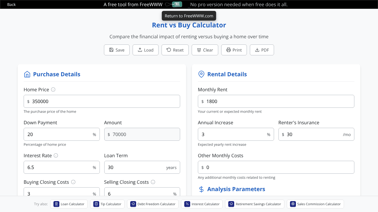 Rent vs Buy Calculator website screenshot