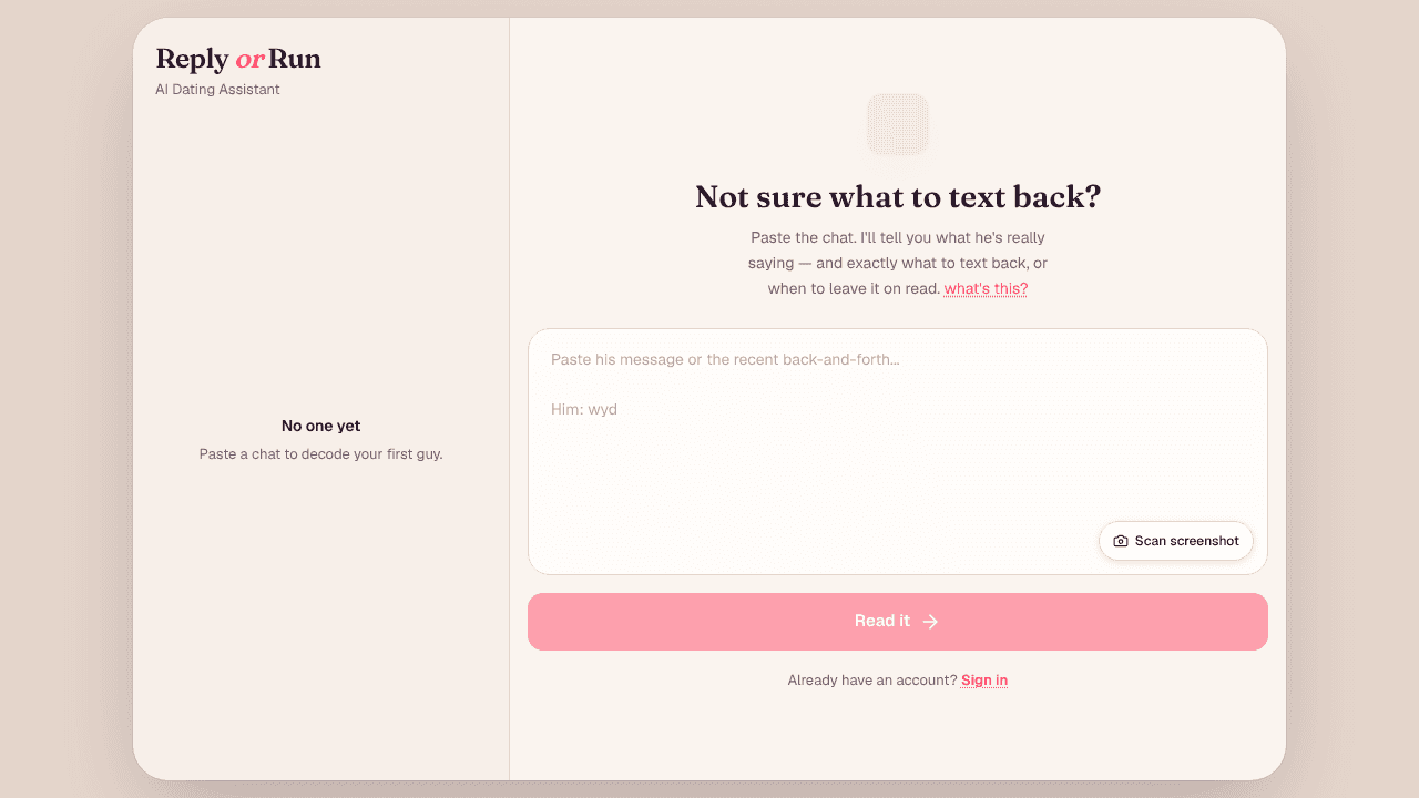 Reply or Run - AI Dating Assistant website screenshot