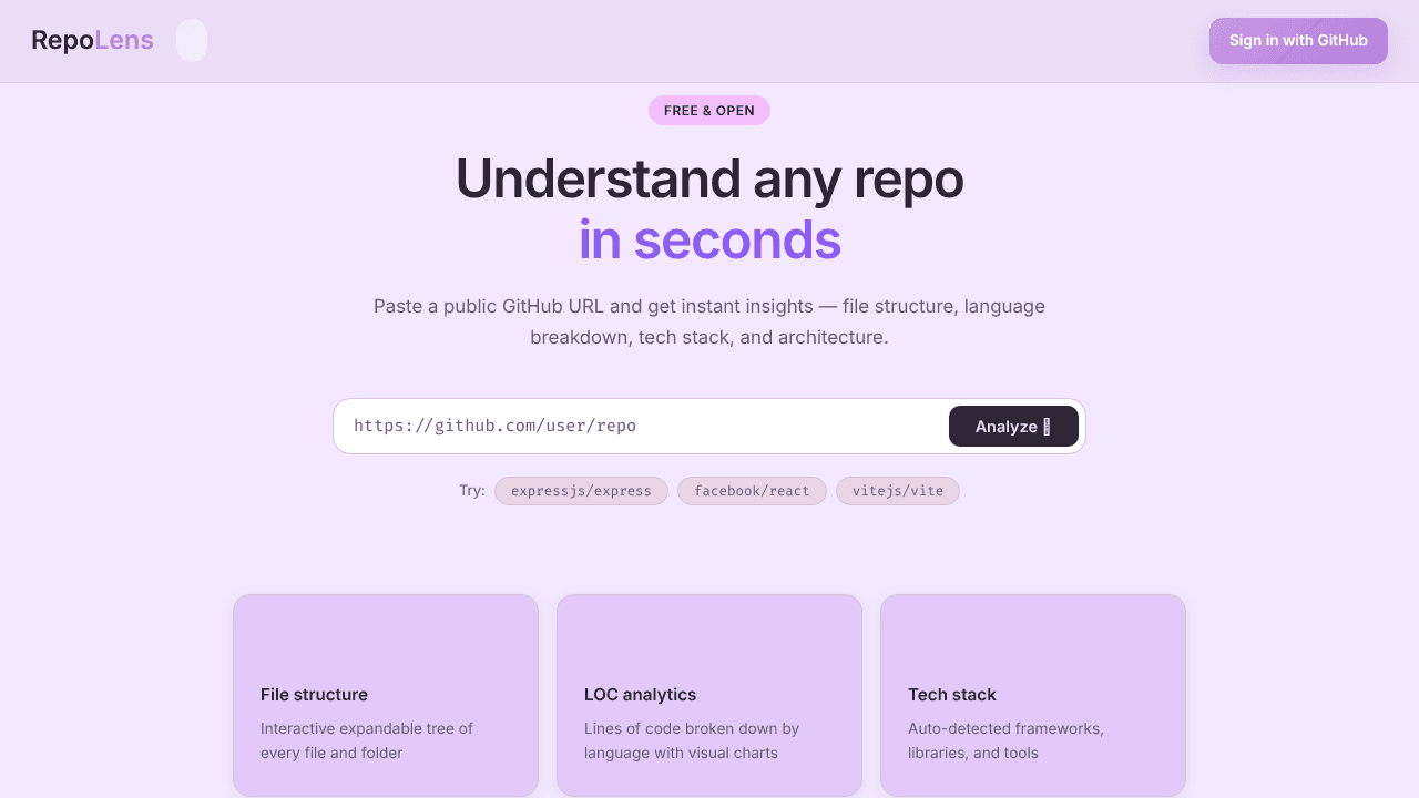 RepoLens website screenshot