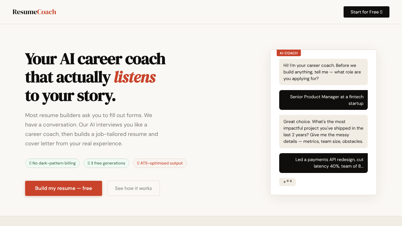 ResumeCoach AI website screenshot