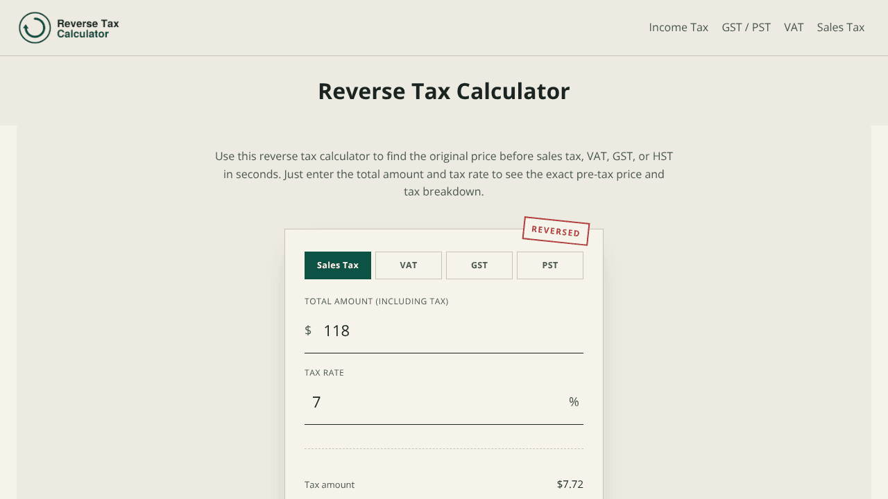 Reverse Tax Calculator website screenshot