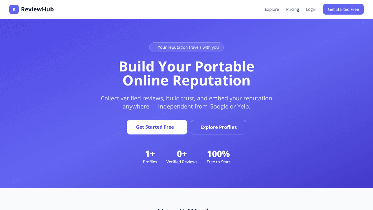 ReviewHub — Portable Reputation Platform website screenshot