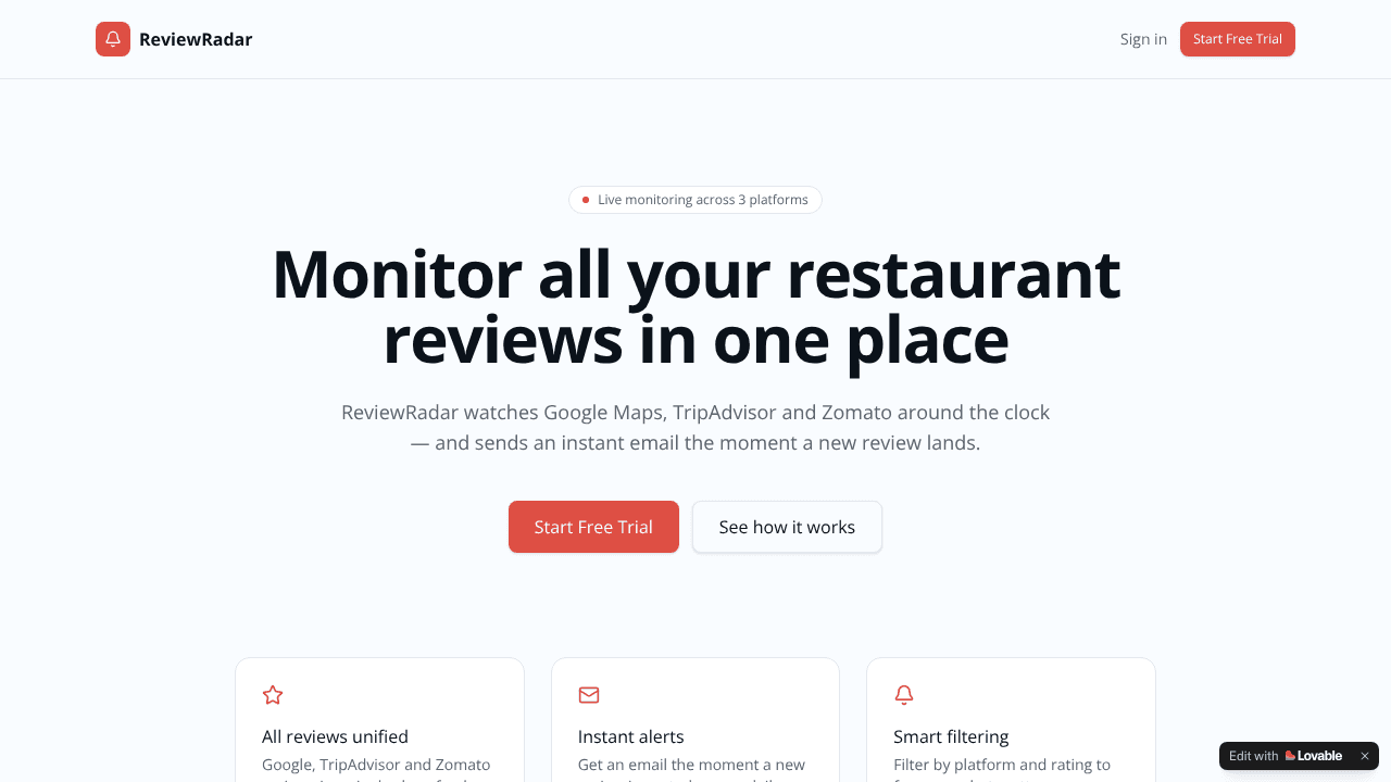 ReviewRadar  website screenshot