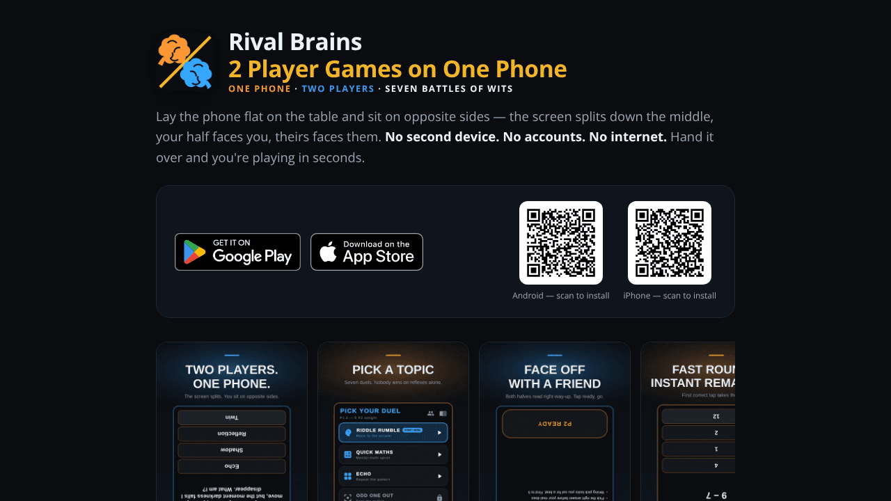 RivalBrains: 2 Player Games on One Phone website screenshot