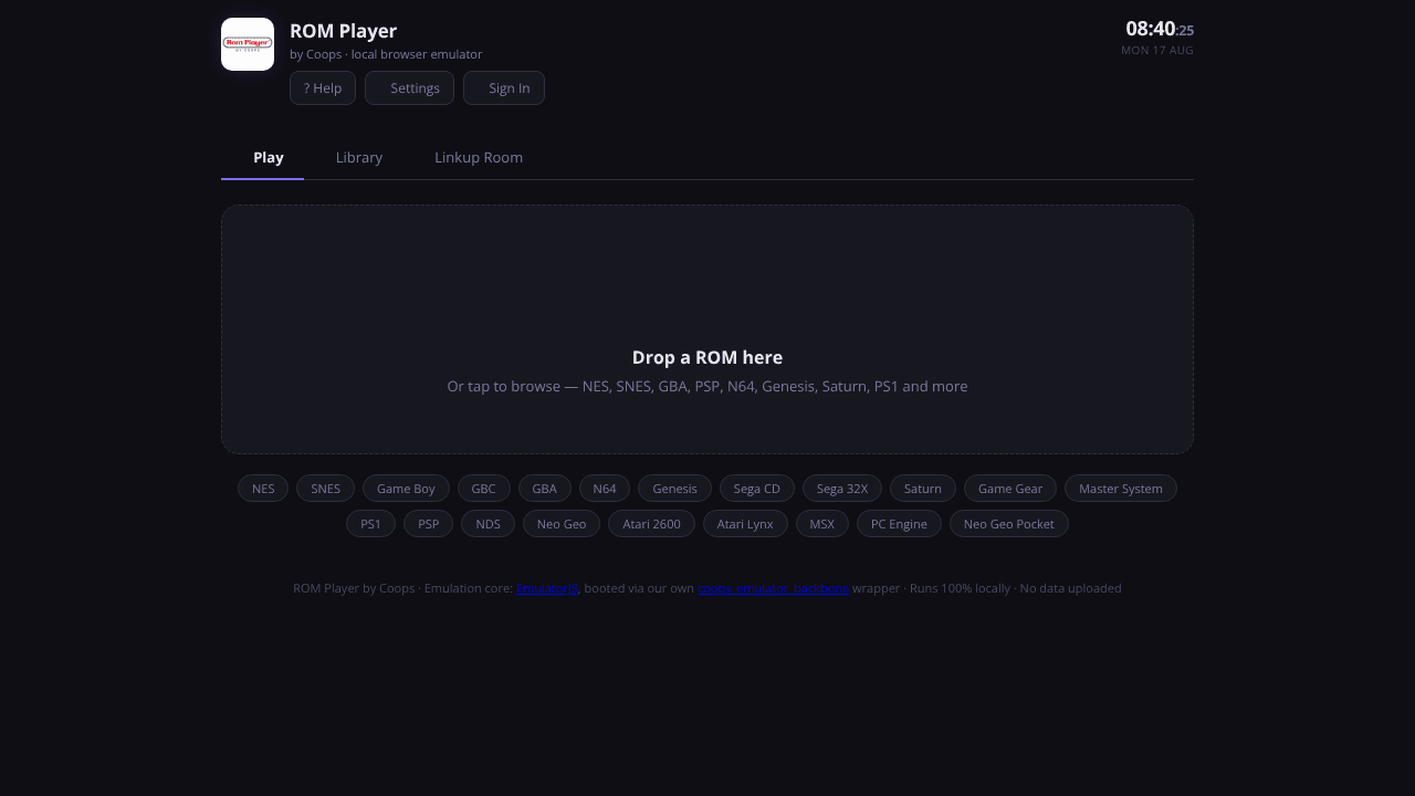 ROM Player by Coops website screenshot