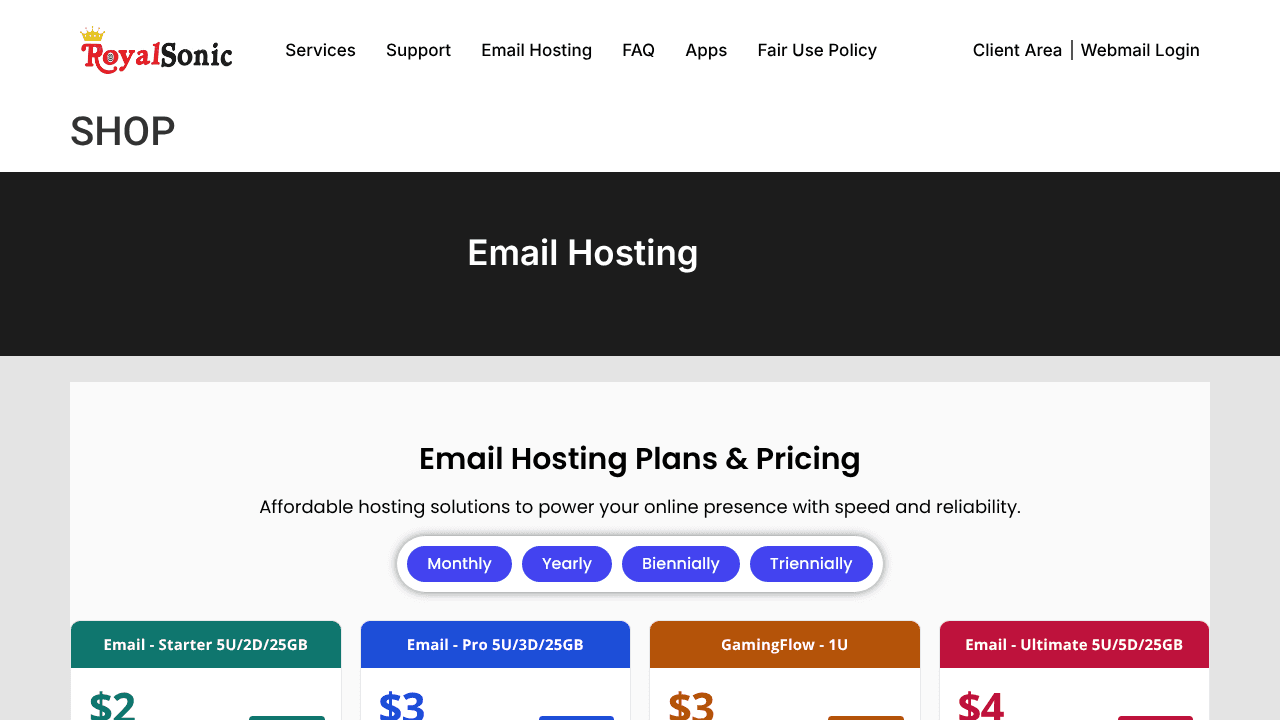 royalsonic.com - Email Hosting website screenshot