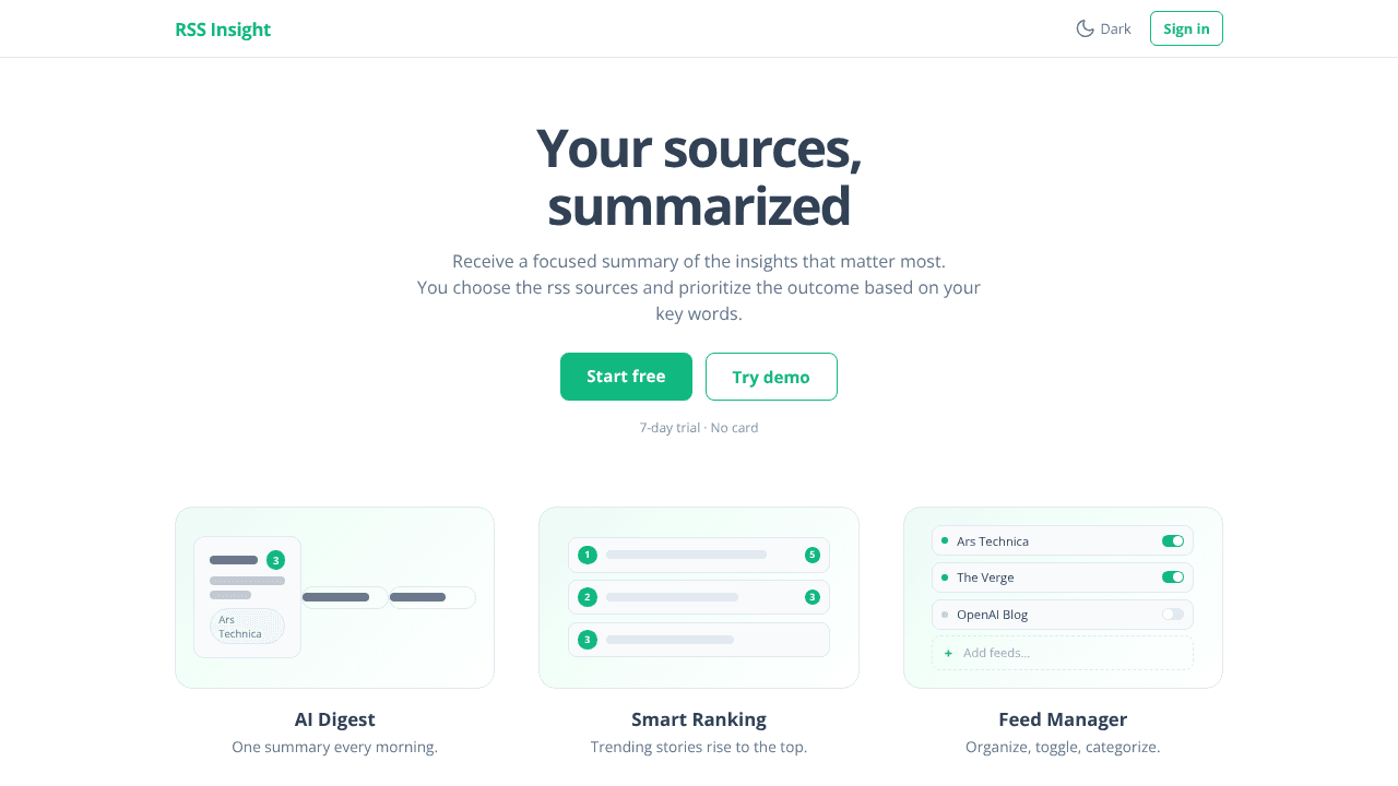 RSS Insight website screenshot