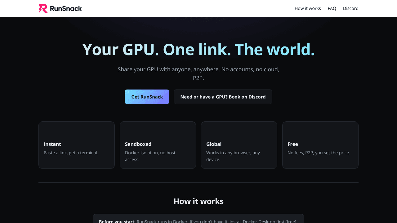 RunSnack — Your GPU. One link. The world website screenshot