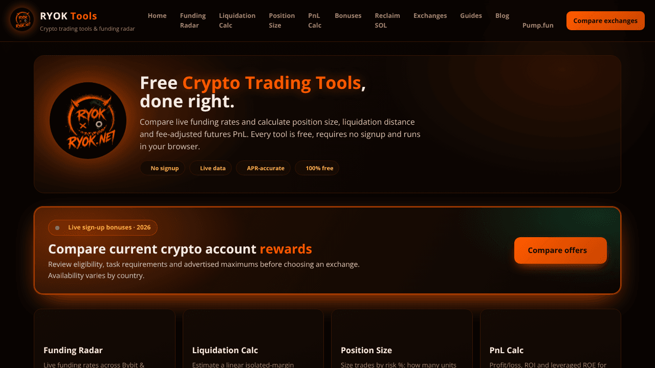RYOK Free Crypto Trading Calculators website screenshot