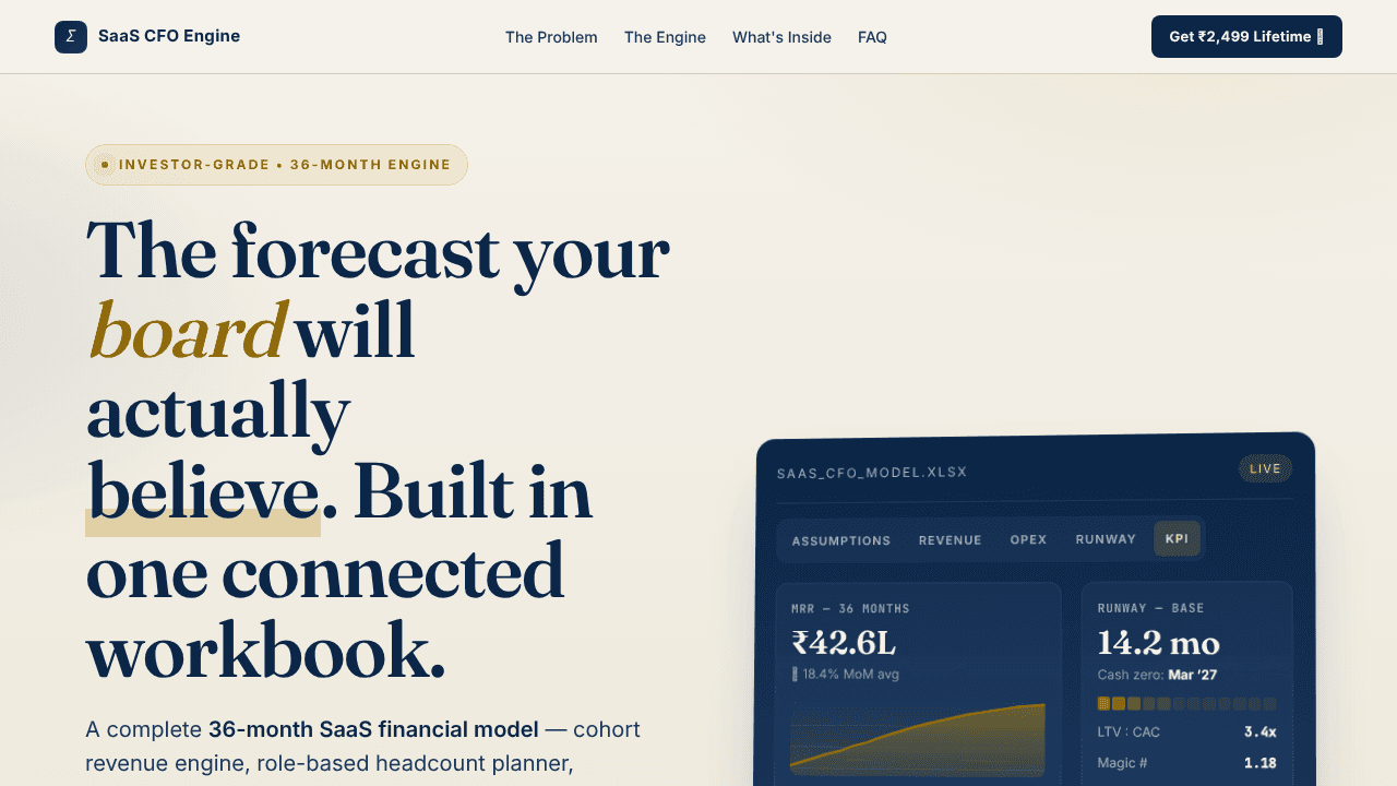SaaS CFO Financial Model Engine-Investor website screenshot