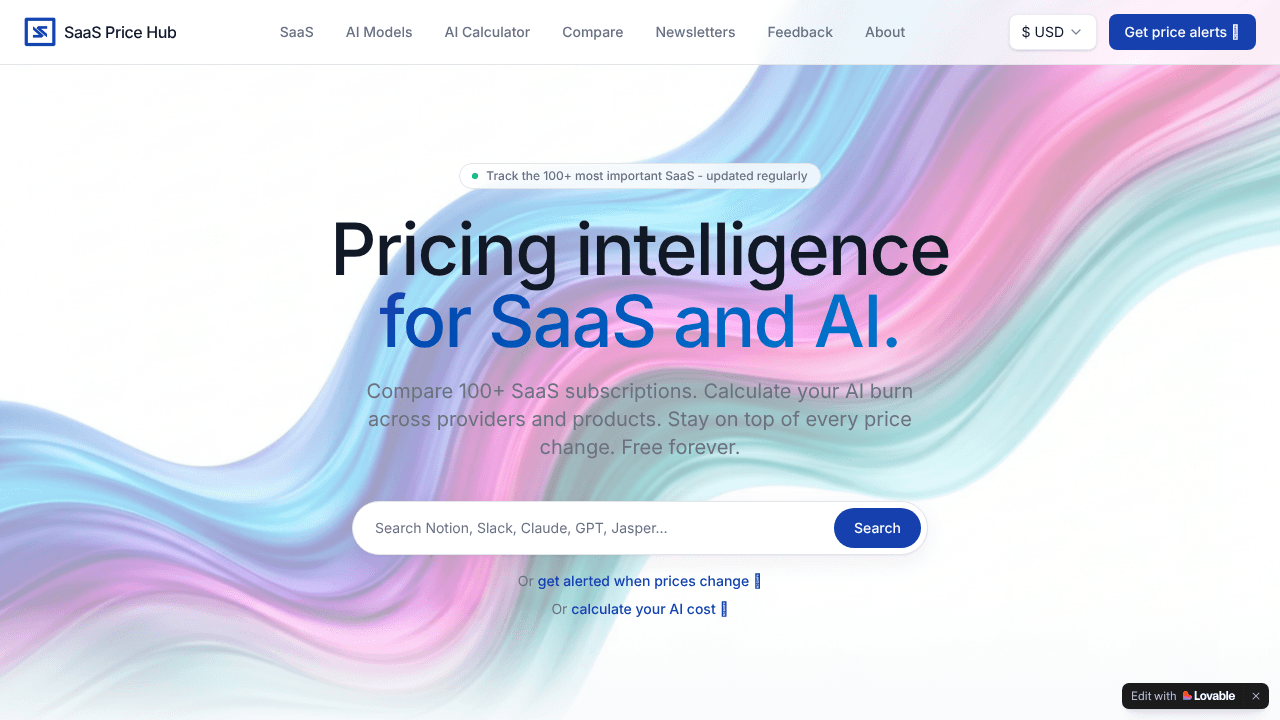 SaaS Price Hub website screenshot