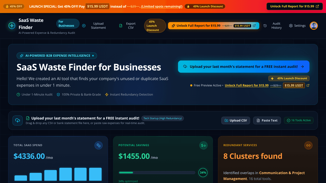 SaaS Waste Finder website screenshot